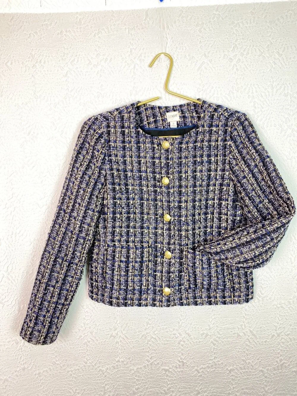 J.Crew Cropped Tweed Jacket Blue Gold Textured Blazer Size 2 Style BS926